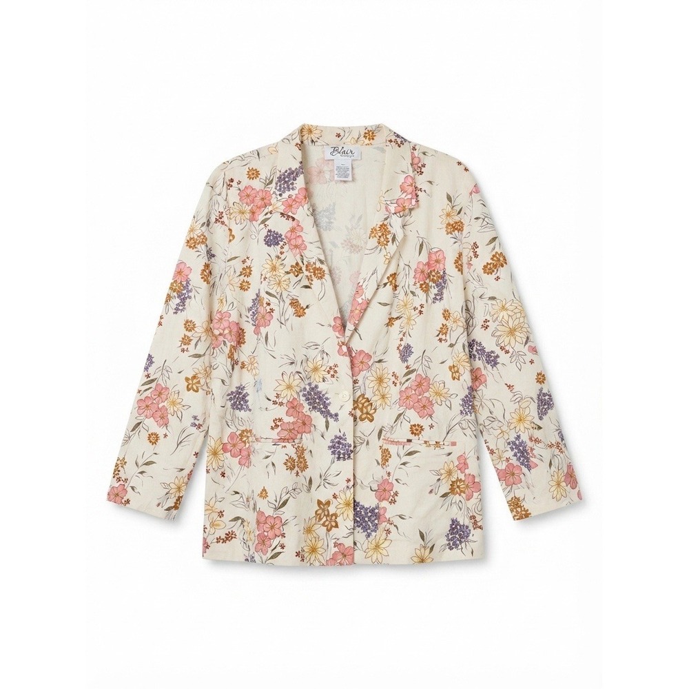 Vtg Linen Cotton Womens 2X Plus Blazer Floral Boho Country Western Blazer